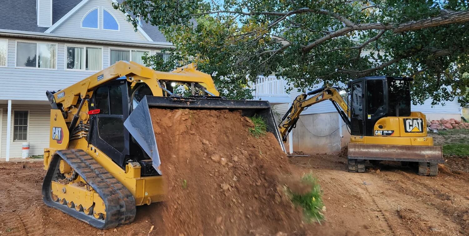 CAT Track Skid Steer & Caterpillar Mini Excavator Moving Dirt