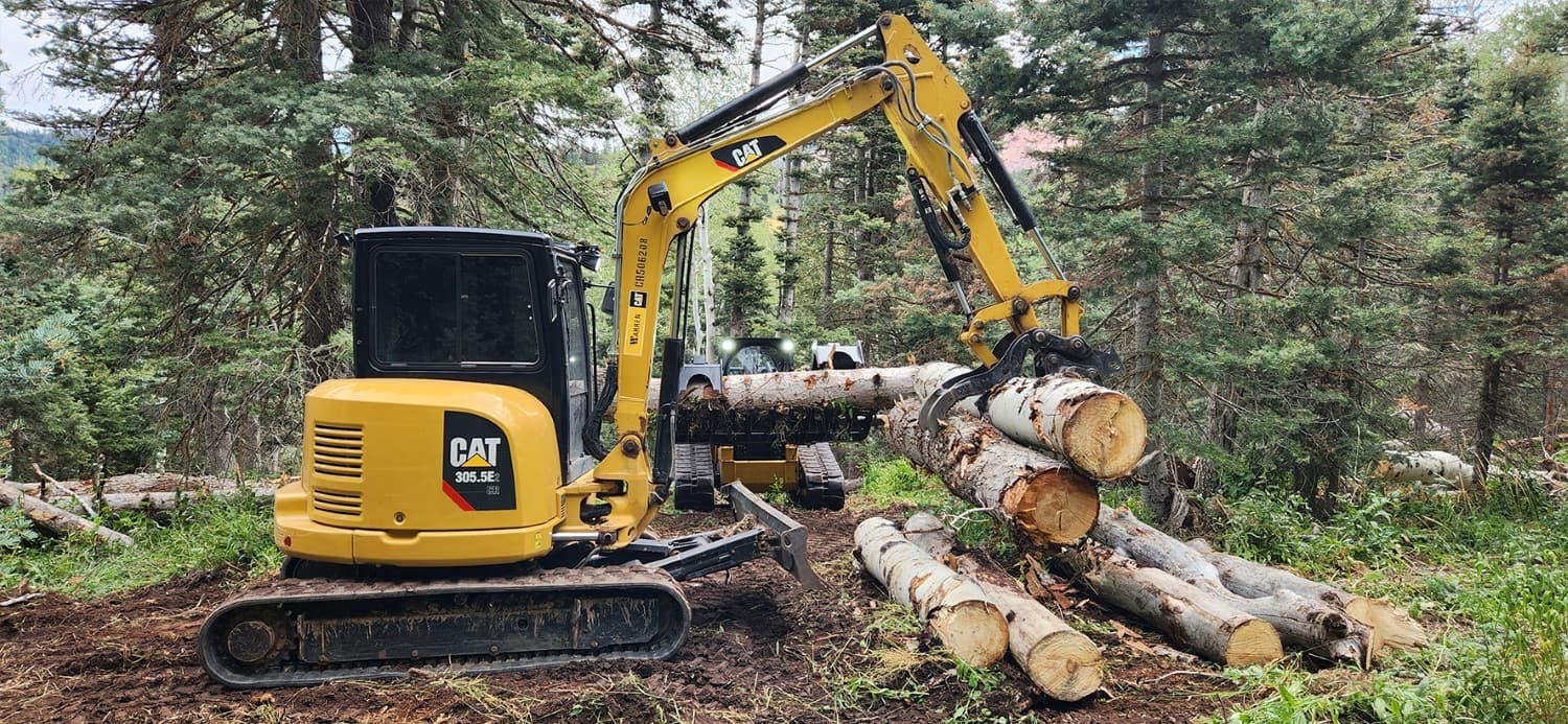 CAT Mini Excavator with Grapple Moving Logs